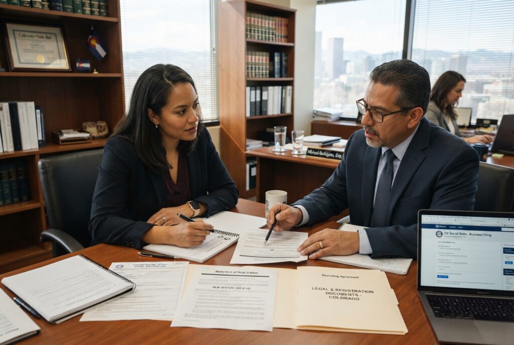 Business attorney discussing Colorado business registration documents with a new business owner