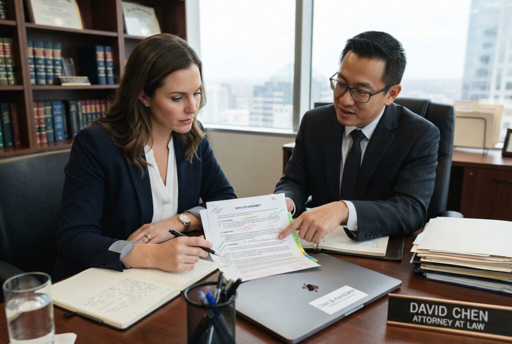 Contract lawyer reviewing and explaining a legal agreement with a client in an office